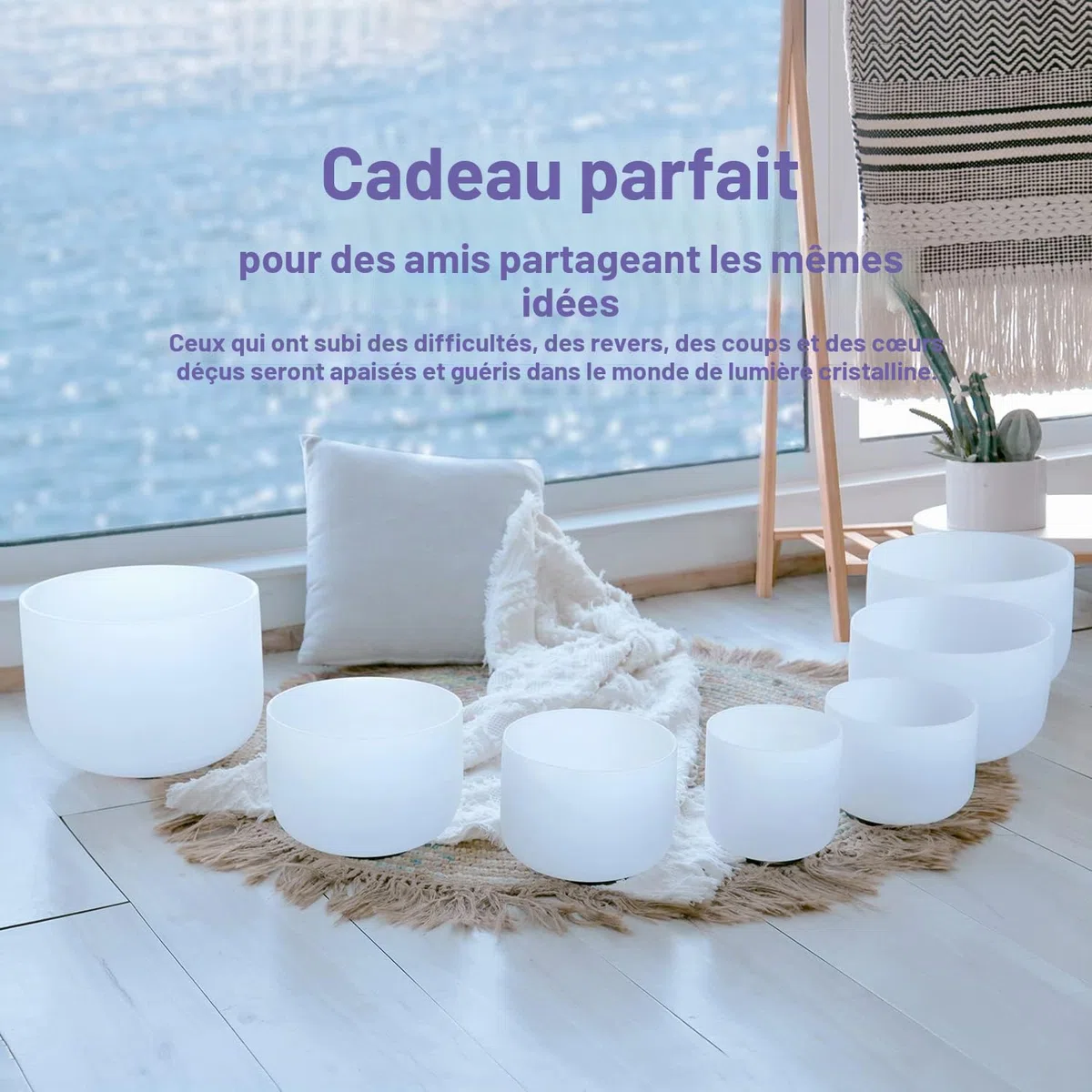CVNC Lot de 7 bols chantants en cristal de quartz givré avec 2 étuis de transport pour la guérison par le son et la méditation 15 à 30 cm 432 Hz
