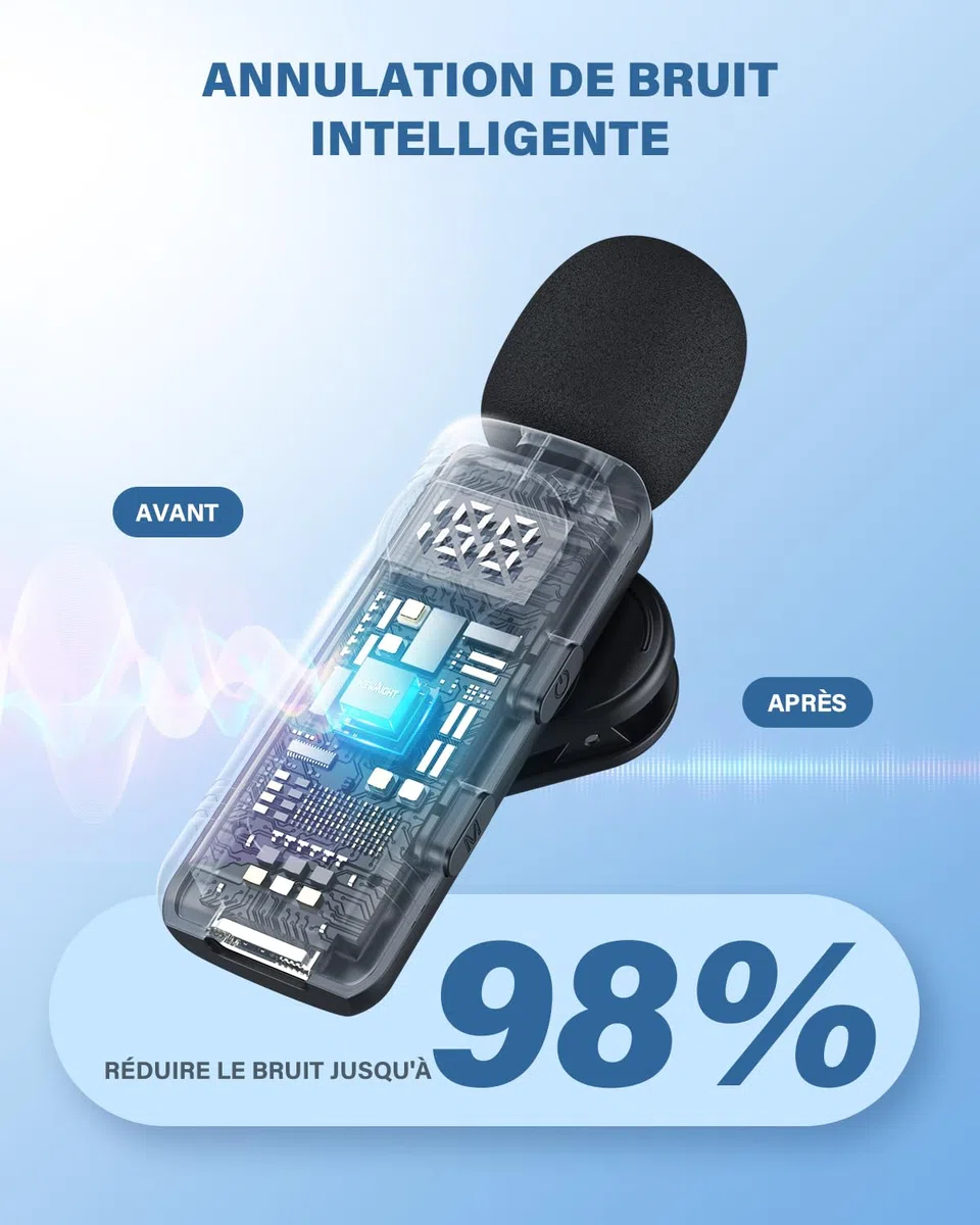 Microphone de Lavalier sans fil - Microphone à pince Plug & Play avec appairage automatique, support magnétique, suppression du bruit, pour iPhone, Android, appareils USB-C, YouTube, podcast et enregi