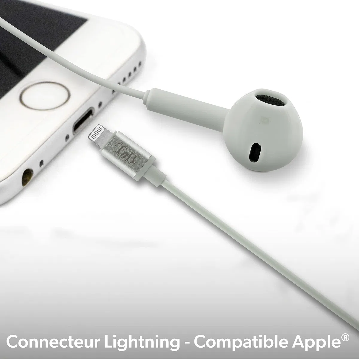 T'nB - Ecouteurs Filaires, Connecteur Lightning, Semi Intra Auriculaire, Son Stéréo, Microphone Intégré, Casque Compatible pour Apple iPhone/iPad, Certifiés MFI– Gris