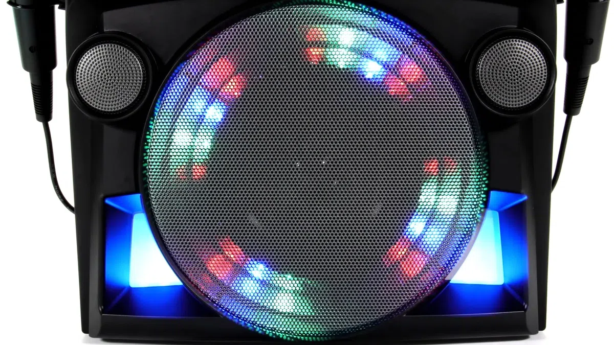 Groovebox Machine de karaoké Bluetooth CDG Écran intégré et lumières disco Comprend des chansons et des microphones (microphones sans fil + 100 chansons)