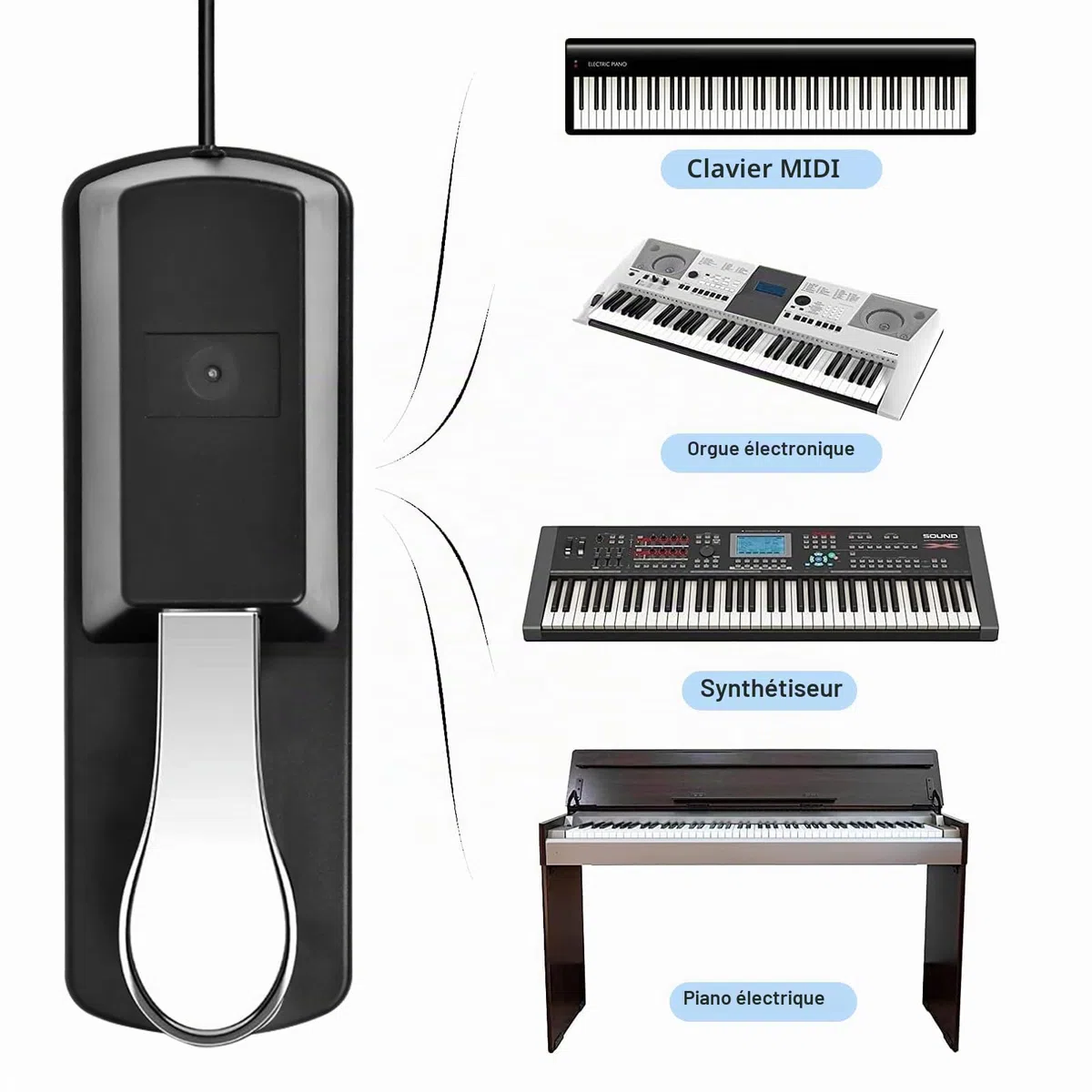 Pédale de Sustain Universelle pour Clavier de Piano, Pédale de Sustain Adaptée pour Synthétiseur de Clavier Midi/Piano Électronique Avec Câble de 1,5 M et Interrupteur de Polarité, Compatible Avec