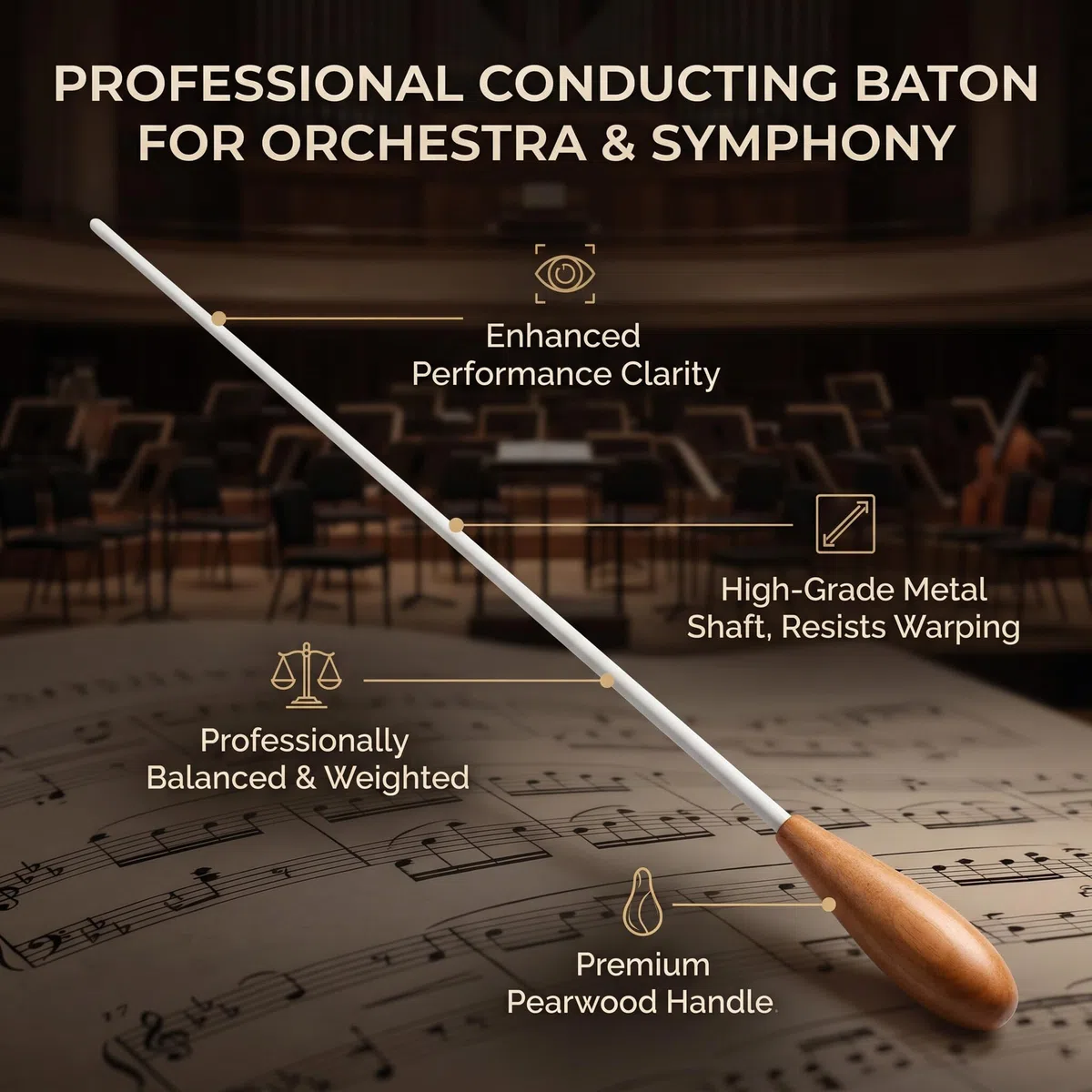 Baton de chef d'orchestre musical, 15" Poignée de poirier la de direction pour le concert symphonique choral