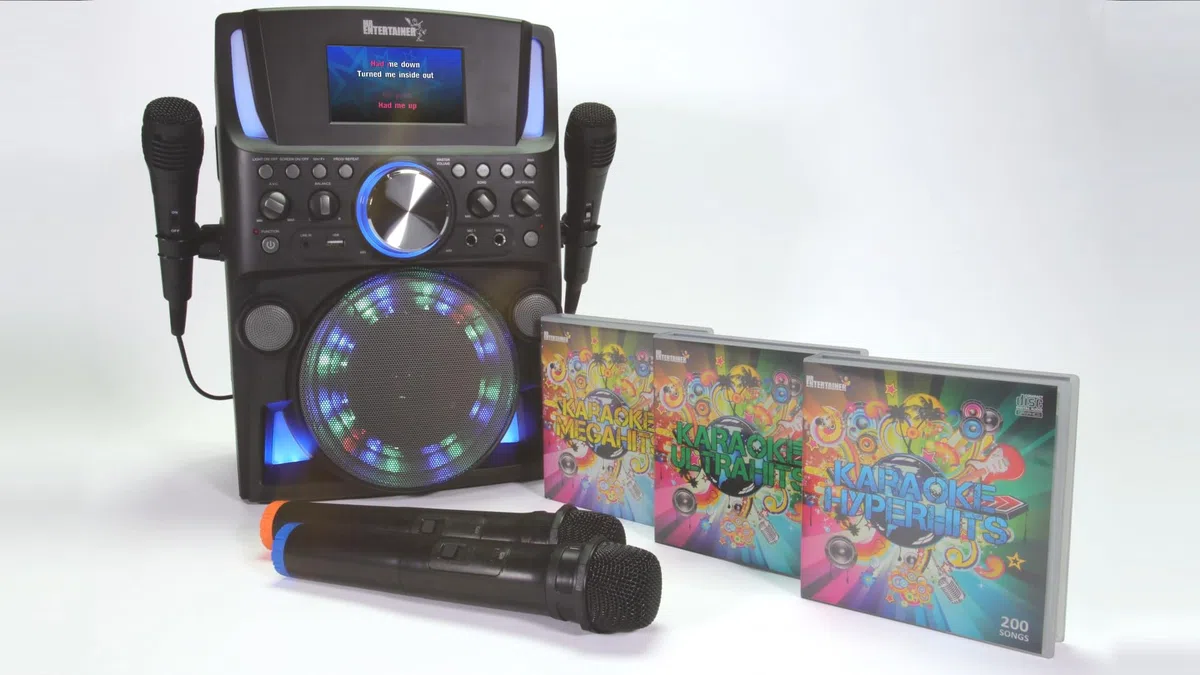 Groovebox Machine de karaoké Bluetooth CDG Écran intégré et lumières disco Comprend des chansons et des microphones (microphones sans fil + 100 chansons)