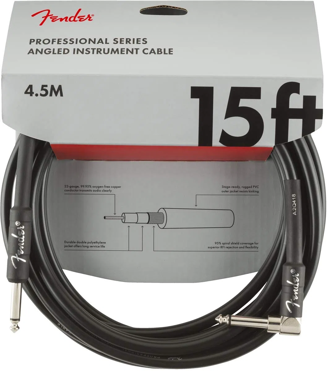 Fender"Professional Series Câble Instrument - 4.5m - Droit,Angle - Noir, épais, Souples et Robustes, Son Sans Aucun Bruit Parasite