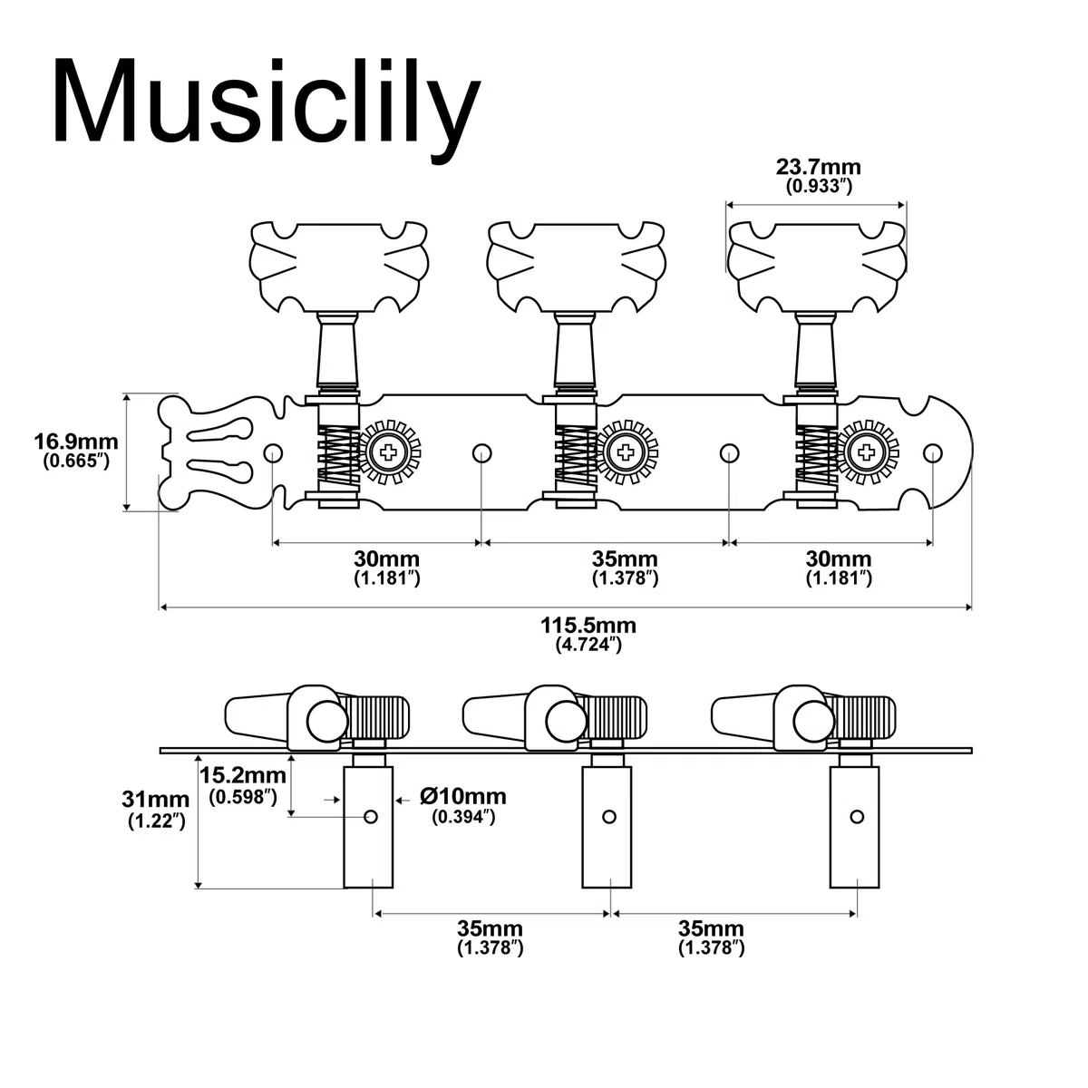 Musiclily Pro Mécaniques 3x3 Style Lyra pour Guitare Classique, Nickel Deux Plaques