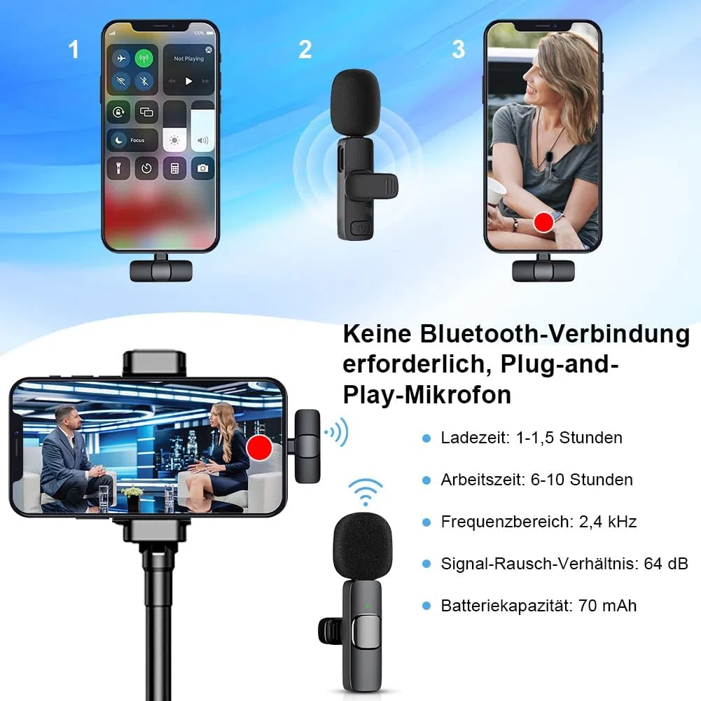Lavalier Microphone sans fil Plug and Play Mini microphone Bluetooth USB C Microphones pour iPhone iPad Android pour Live, enregistrement vidéo, YouTube, Vlog