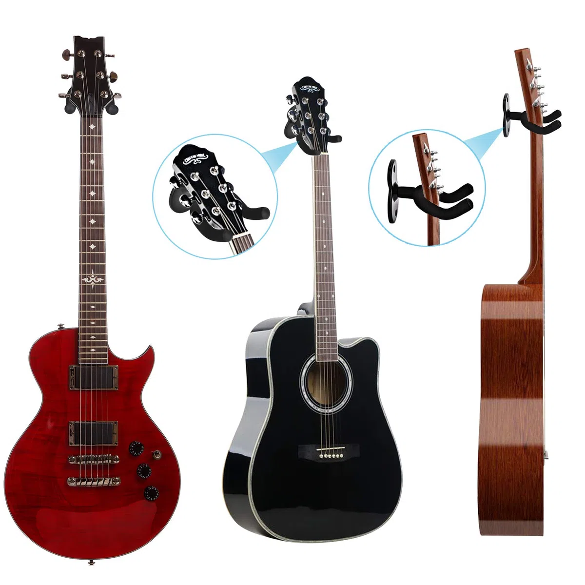 Lot de 2 Support Guitare Mural, Support Mural Ukulele, Guitare Electrique, Guitare Classique, Basse, Accroche Guitare Mural