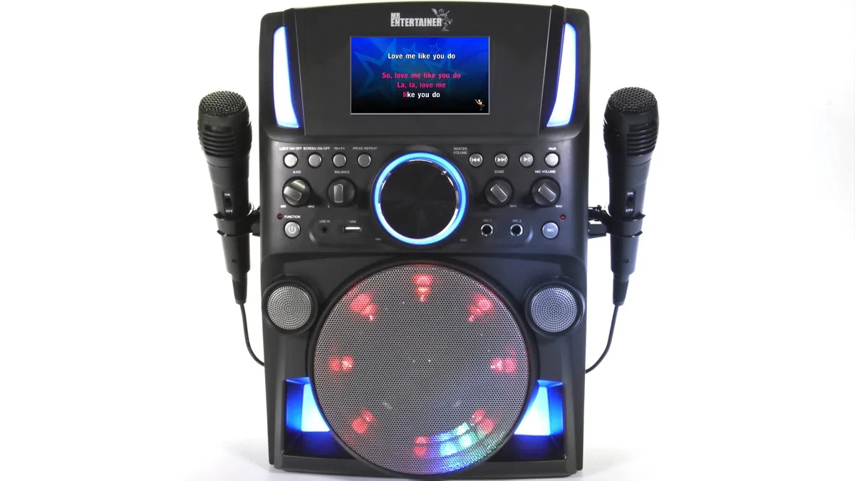 Groovebox Machine de karaoké Bluetooth CDG Équipement de karaoké Écran intégré et lumières disco Comprend des chansons et des microphones (microphones sans fil + 200 chansons)