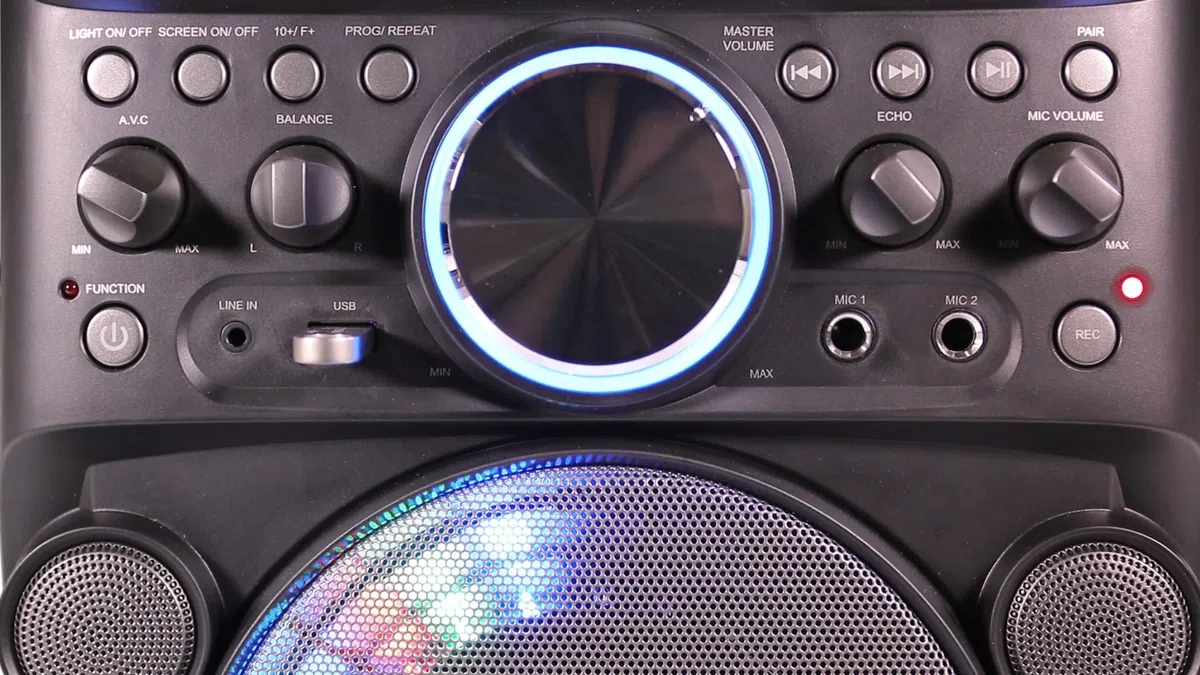 Groovebox Machine de karaoké Bluetooth CDG Écran intégré et lumières disco Comprend des chansons et des microphones (microphones sans fil + 100 chansons)