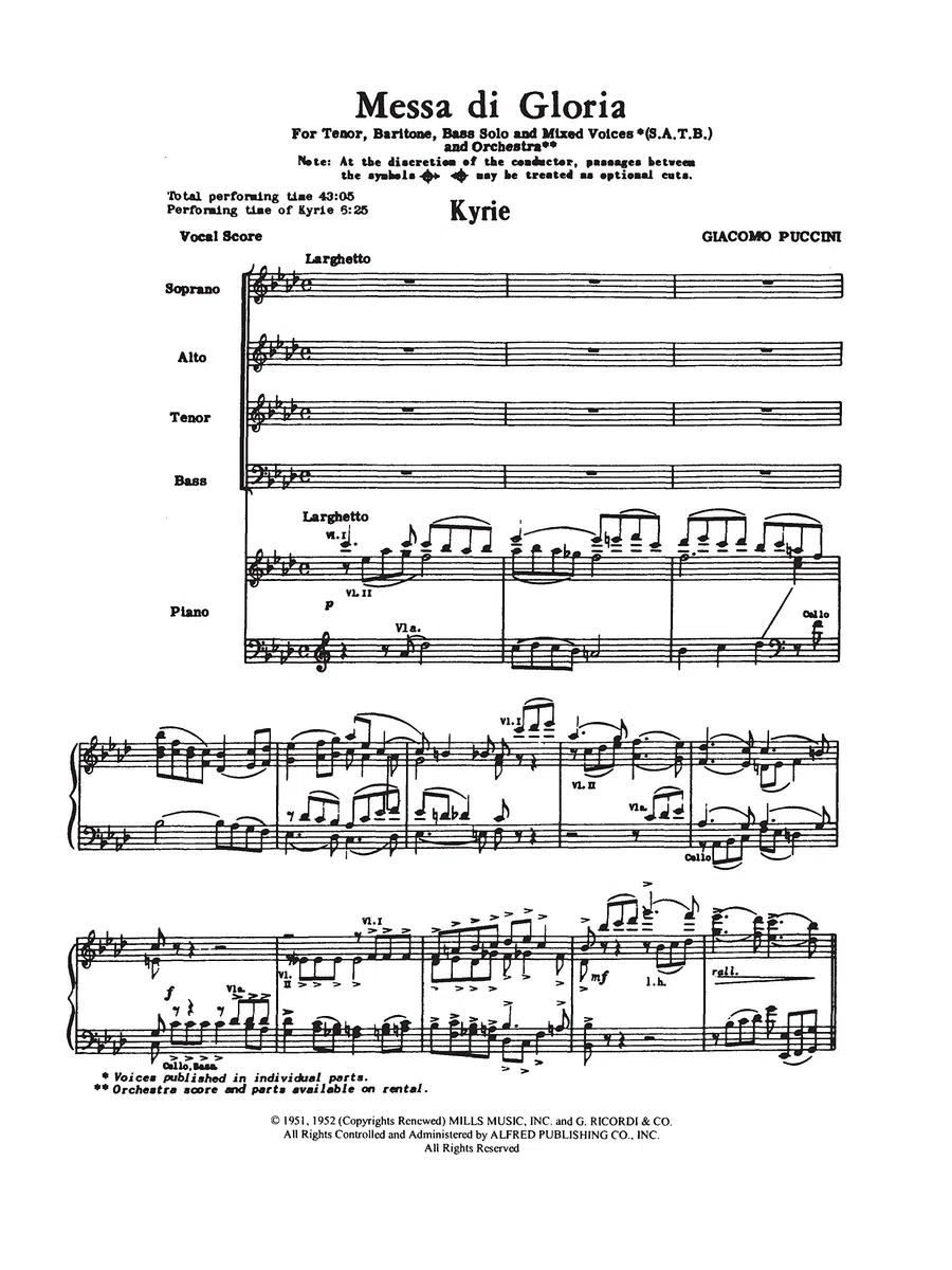 Giacomo puccini: messa di gloria (vocal score) chant