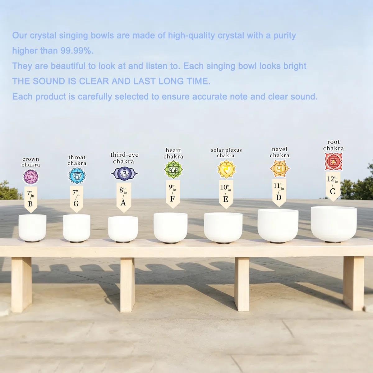 Hye-eun Lot de 7 bols chantants en cristal 432 Hz avec 2 sacs de transport - Pour méditation et thérapie sonore 17,8 à 30,5 cm
