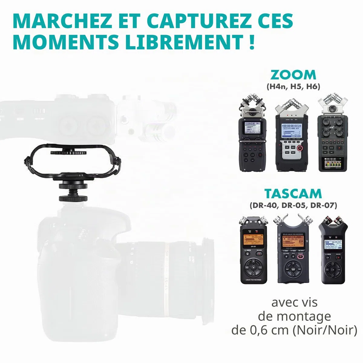 Movo SMM5-B Support antichoc universel pour microphone et enregistreur portable – Compatible avec Zoom H1n, H2n, H4n, H5, H6, Tascam DR-40x, DR-05x, DR-07x et autres avec une vis de montage de 6,35 mm