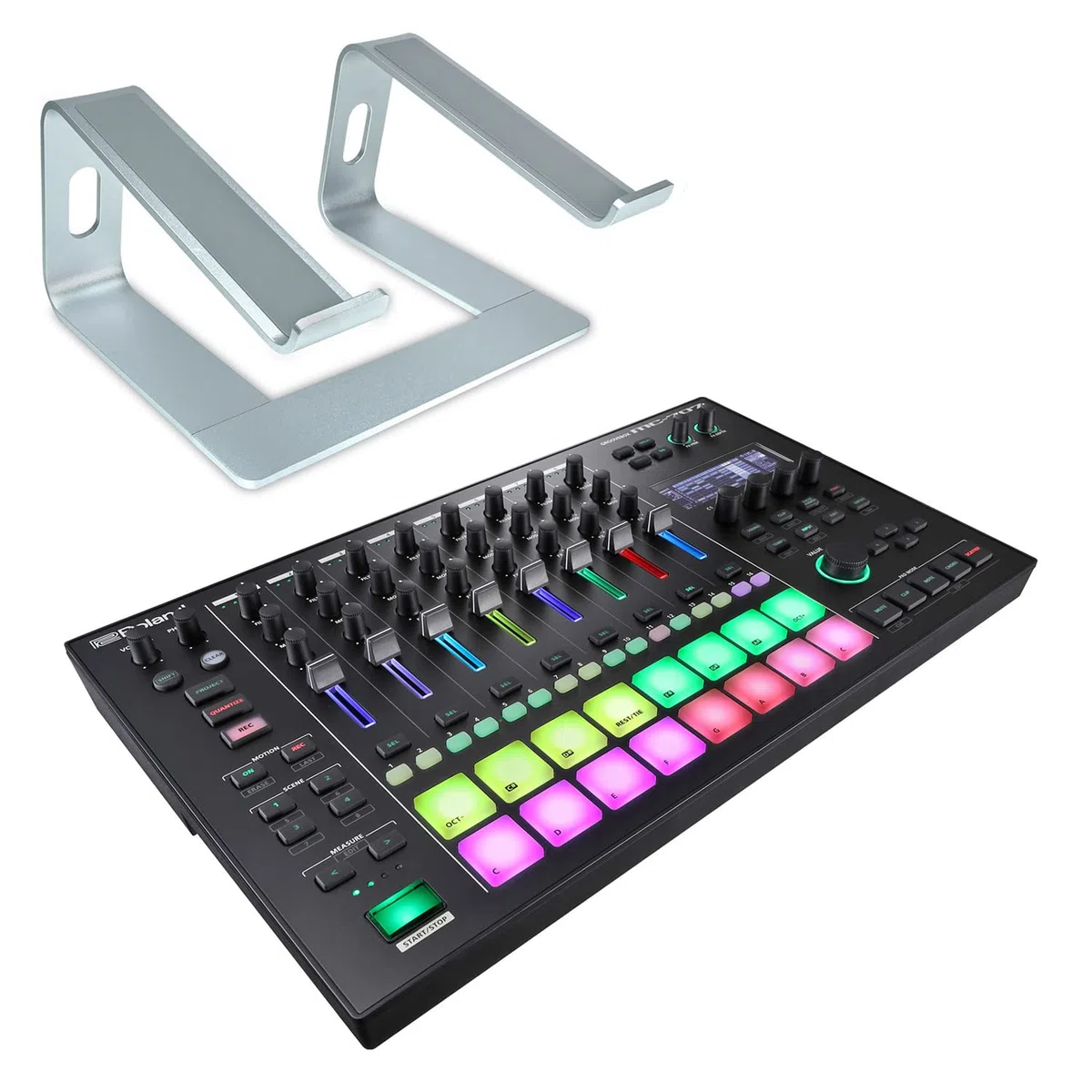 Roland MC-707 Groovebox DJ Table de mixage séquenceur Sampler + support pour ordinateur portable Keepdrum Argenté