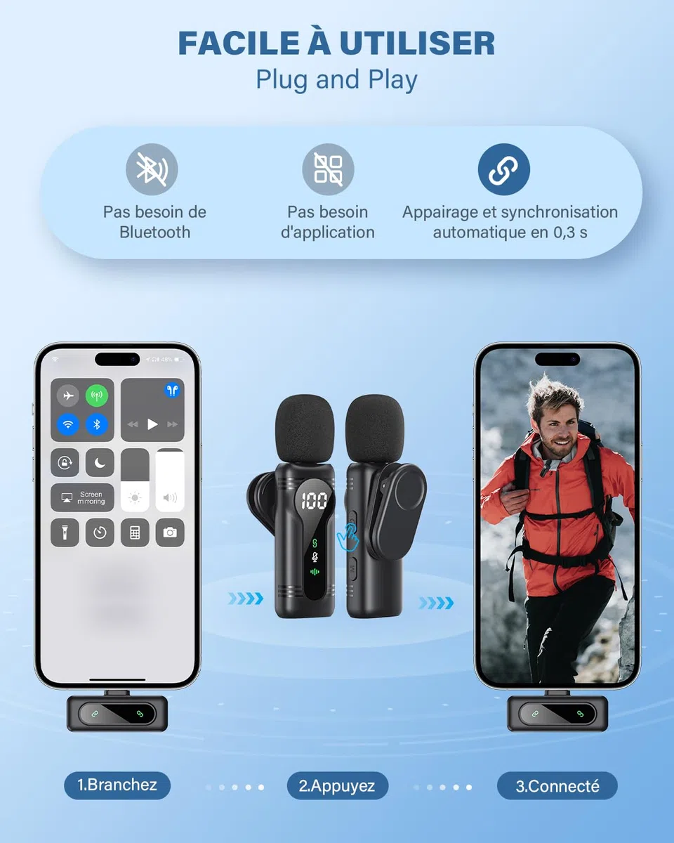 Microphone de Lavalier sans fil - Microphone à pince Plug & Play avec appairage automatique, support magnétique, suppression du bruit, pour iPhone, Android, appareils USB-C, YouTube, podcast et enregi