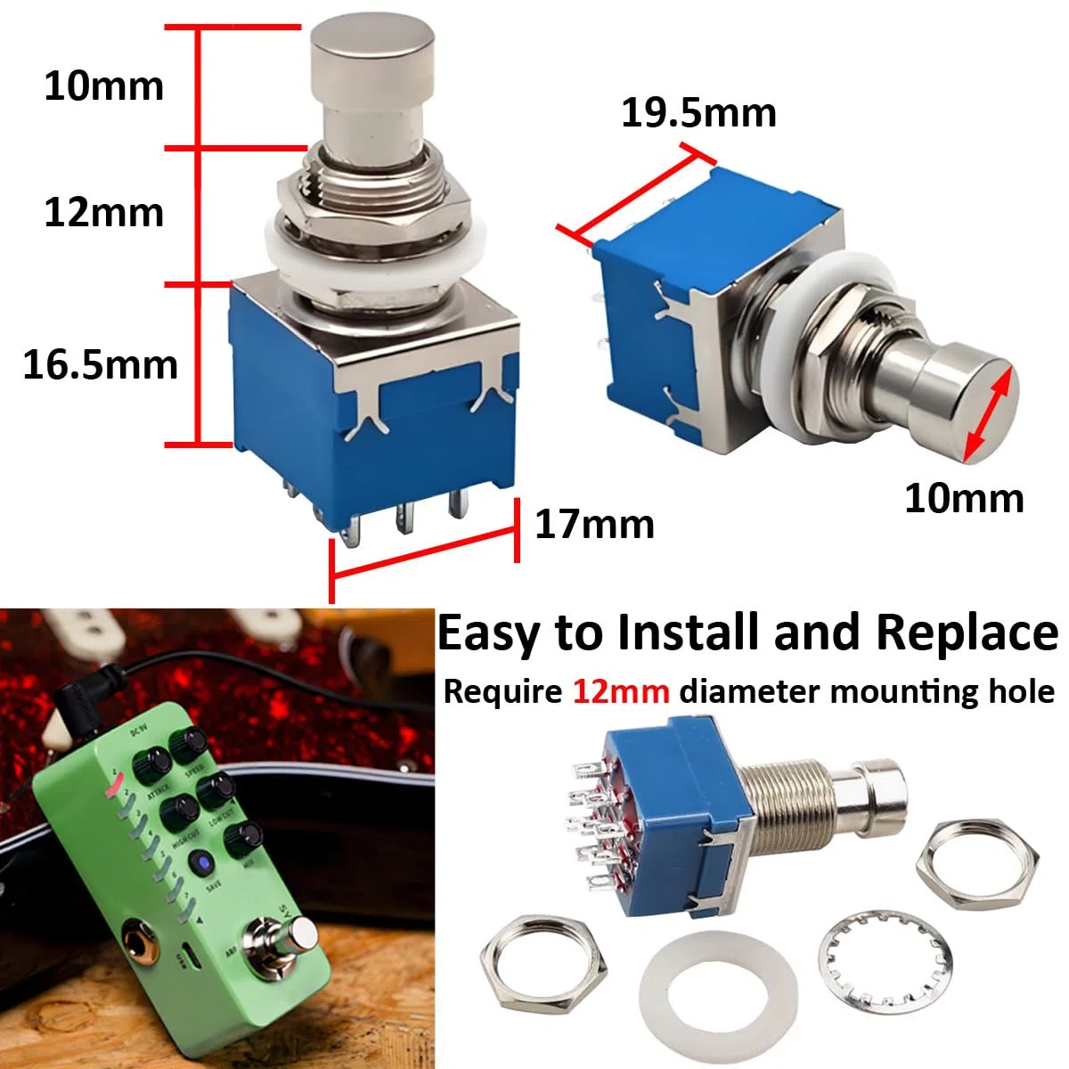 5Pièces 3PDT 9 Broches Interrupteur pour Pédale D'effet Guitare Stomp True Bypass Commutateur au Pied Bouton Poussoir Verrouillage Guitare Effets AC 250V/3A 125V/6A