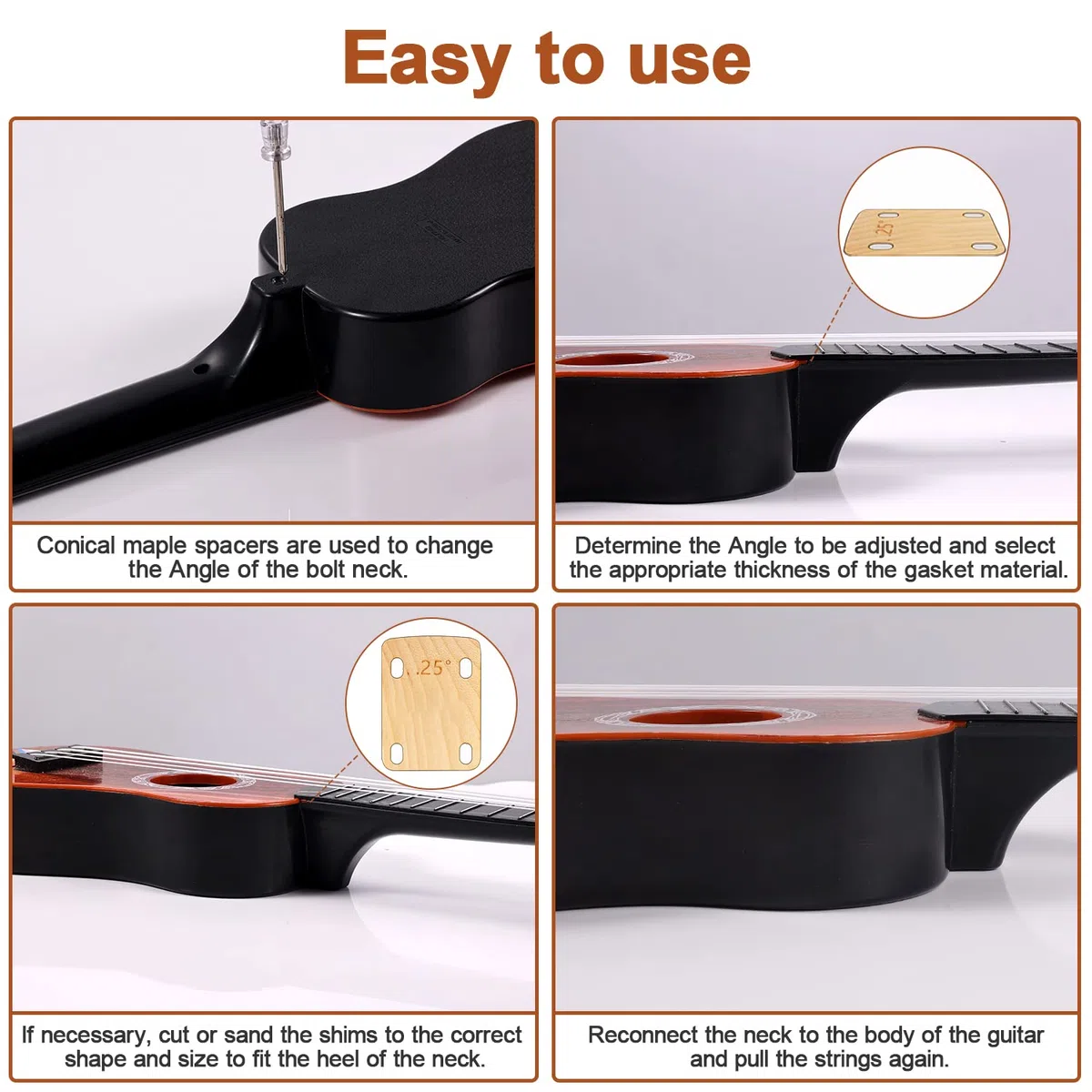 3 Pièces Cales de Manche de Guitare, Bois d'Érable Massif Cales de Manche de Guitare Protection 0,25, 0,5 et 1 Degré Plaque de Manche de Guitare Outil pour Guitare Basse Réparation