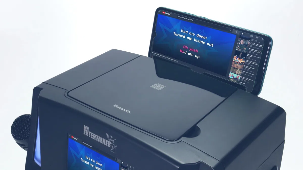 Groovebox Machine de karaoké Bluetooth CDG Écran intégré et lumières disco Comprend des chansons et des microphones (microphones sans fil + 100 chansons)