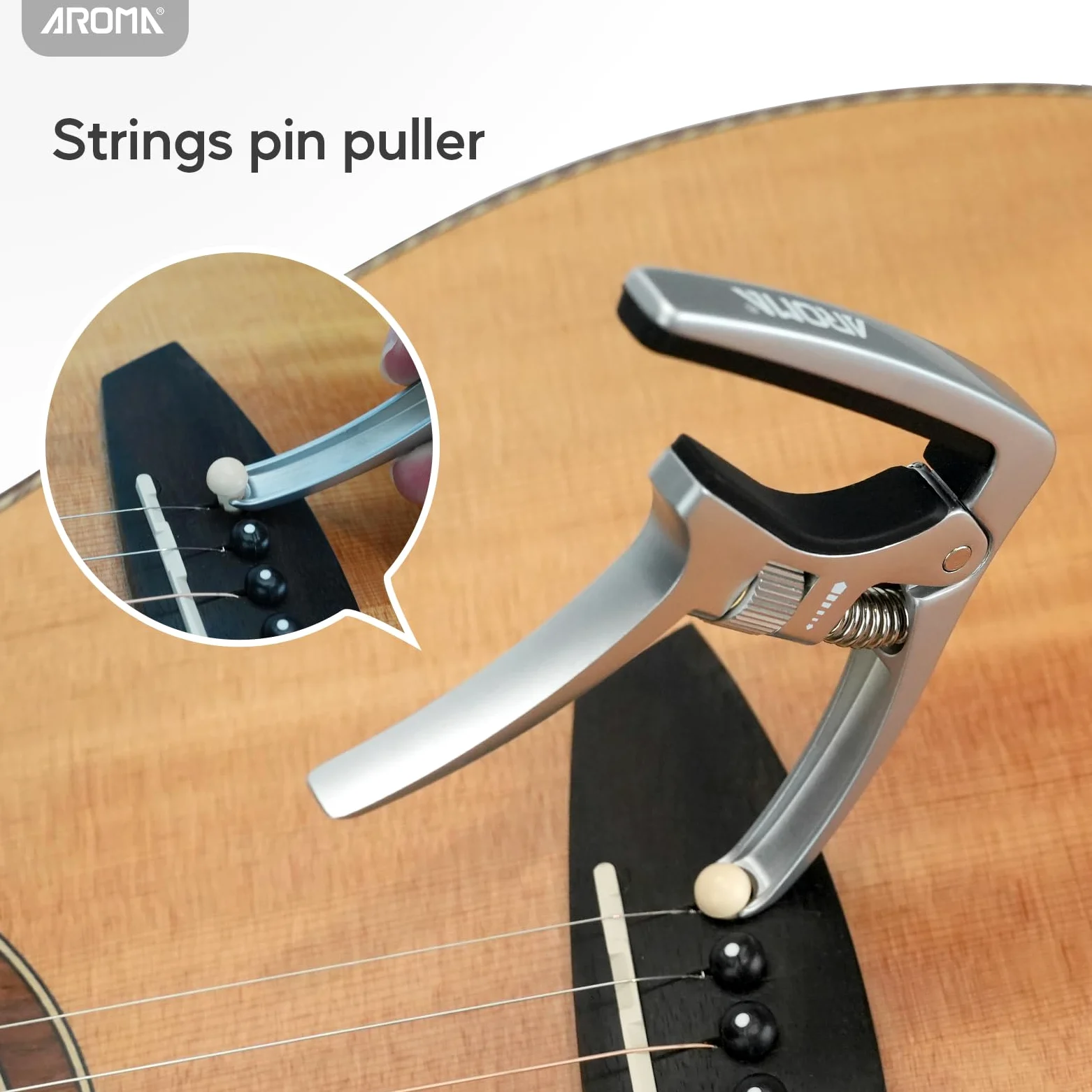 Aroma Capodastre Professionnel de guitare à Tension réglable avec Déclencheur pour Guitares Acoustiques et Électriques 6 Cordes avec Extracteur de Chevilles de Chevalet