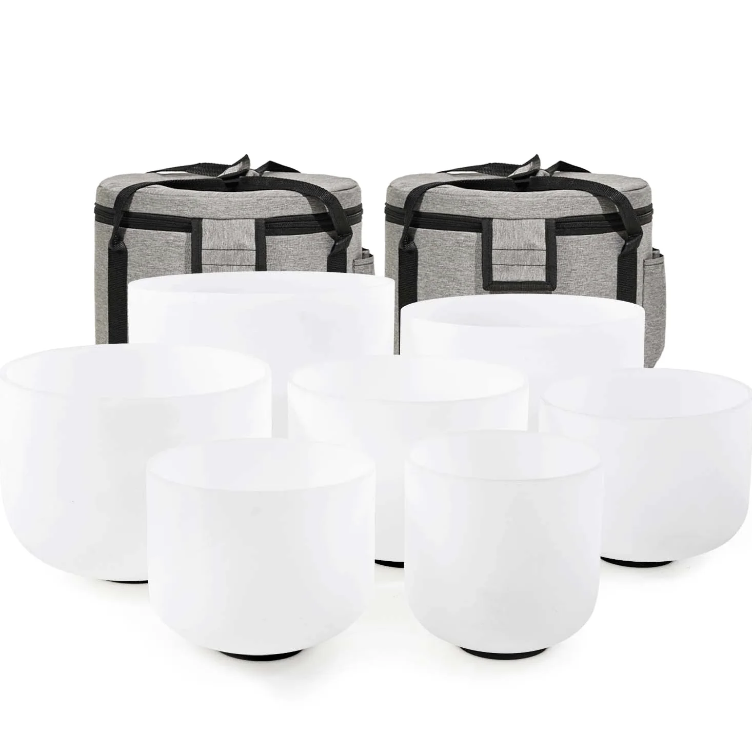 CVNC Lot de 7 bols chantants en cristal de quartz givré avec 2 étuis de transport pour la guérison par le son et la méditation 15 à 30 cm 432 Hz