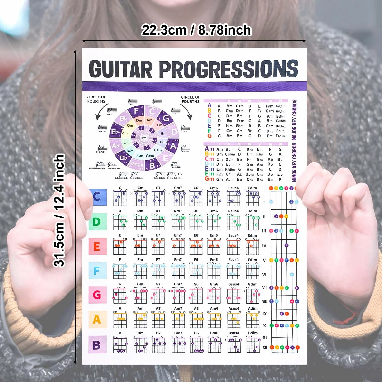 Tableau des Accords de Guitare, Affiche d'Accords de Guitare Plastifiée Affiche du Cercle des Quintes Tableau des Accords de Guitare Guide de Référence pour Guitare et Piano pour Débutants