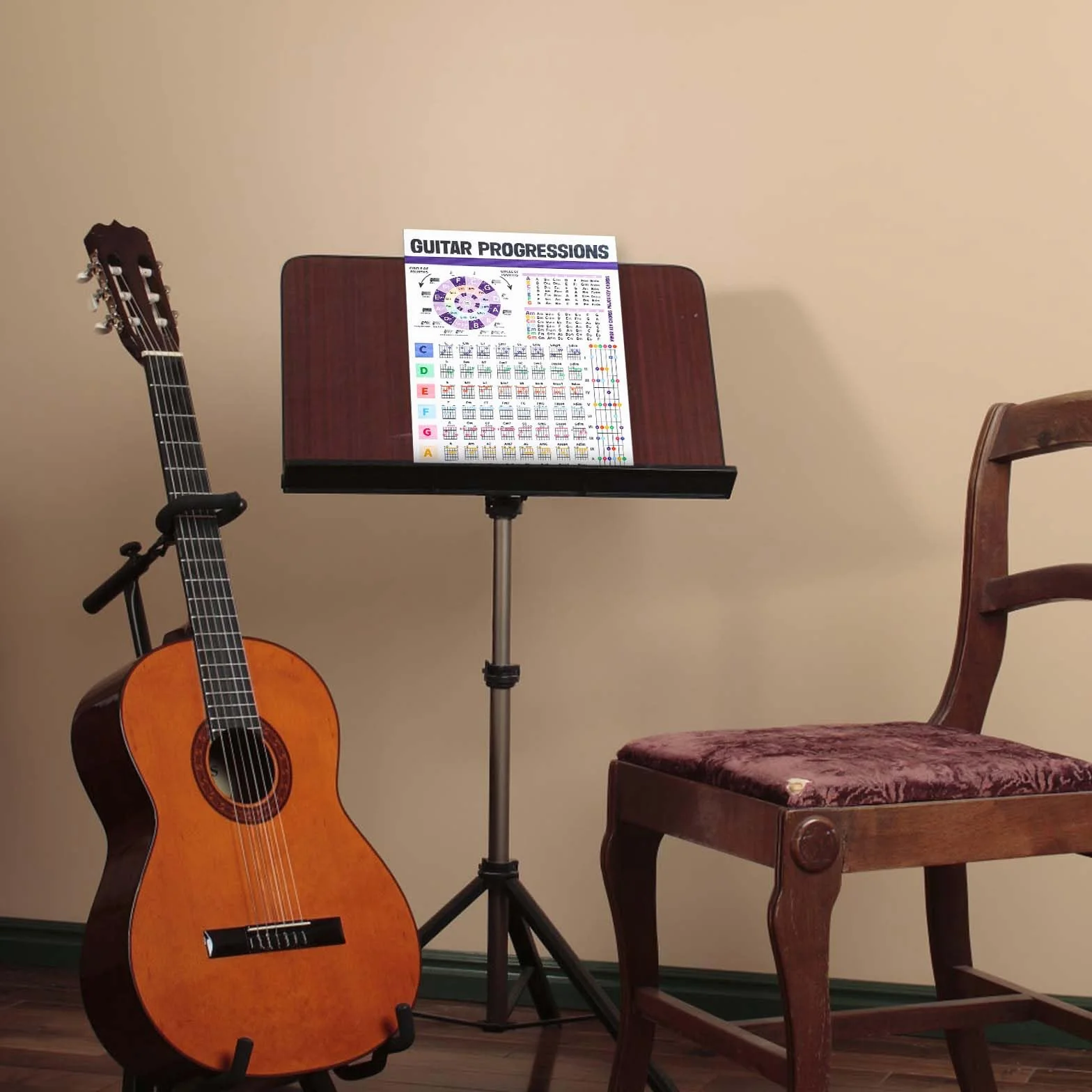 Tableau des Accords de Guitare, Affiche d'Accords de Guitare Plastifiée Affiche du Cercle des Quintes Tableau des Accords de Guitare Guide de Référence pour Guitare et Piano pour Débutants
