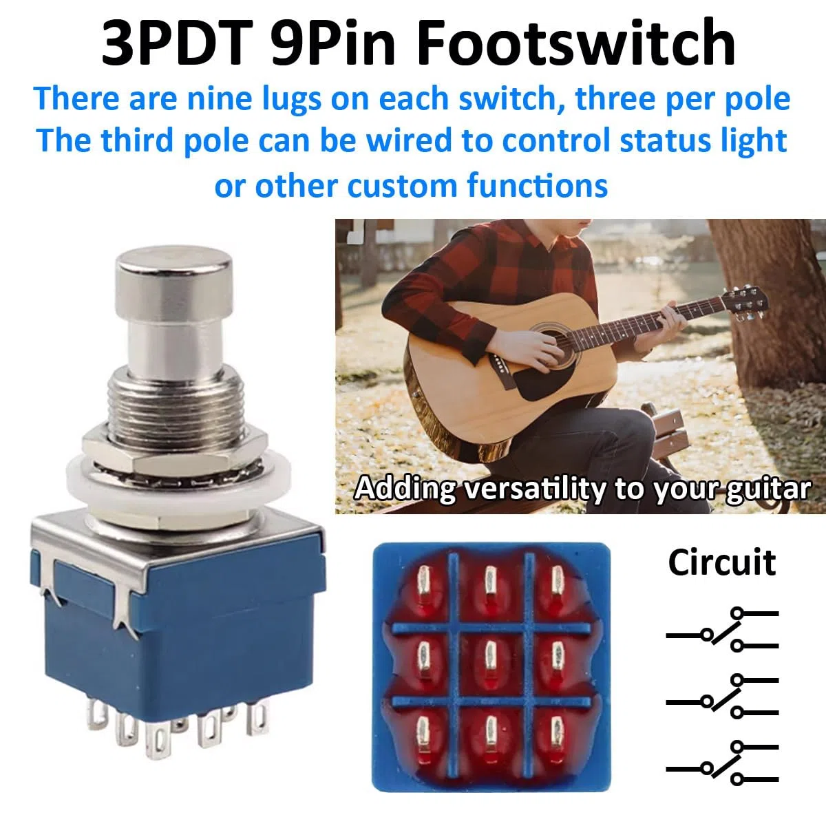 5Pièces 3PDT 9 Broches Interrupteur pour Pédale D'effet Guitare Stomp True Bypass Commutateur au Pied Bouton Poussoir Verrouillage Guitare Effets AC 250V/3A 125V/6A